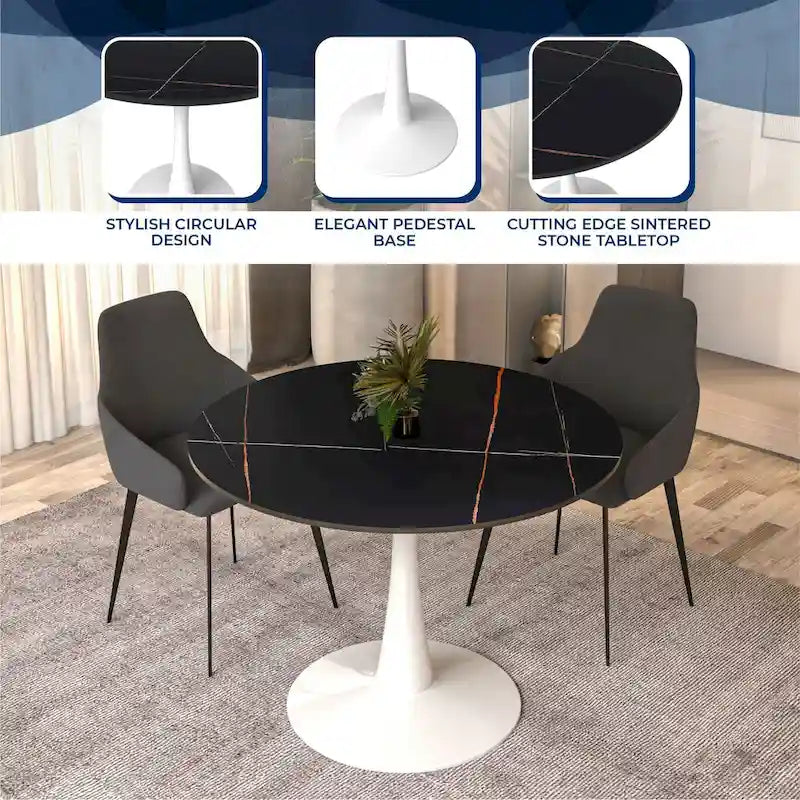 40" Round Sintered Stone Dining Table with Steel Pedestal Base, Seats 4