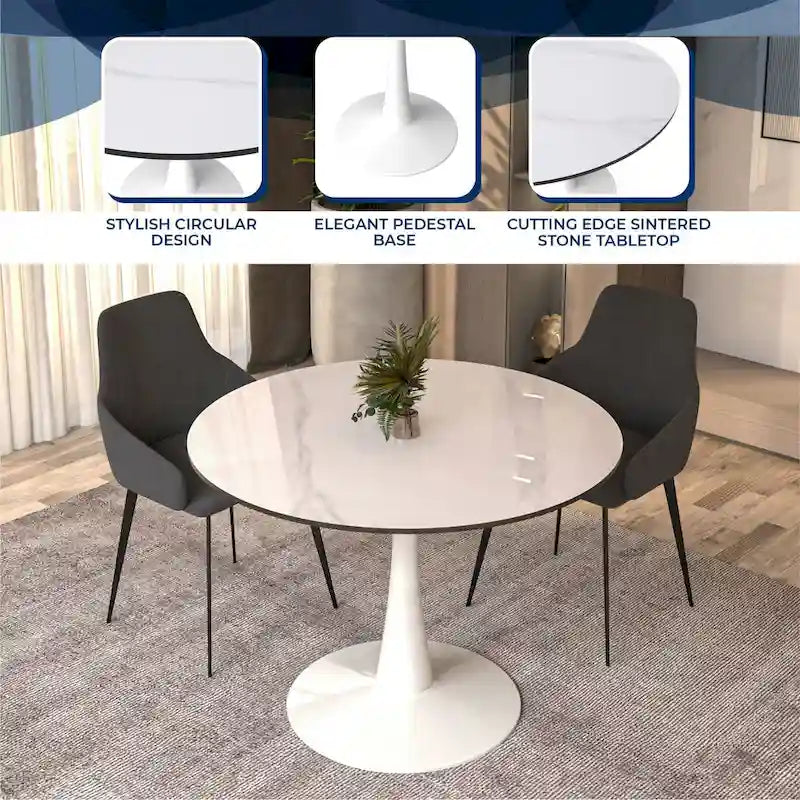 40" Round Sintered Stone Dining Table with Steel Pedestal Base, Seats 4